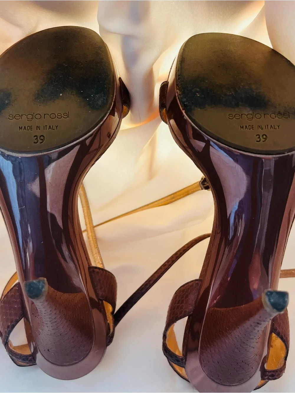 Sergio Rossi Brown Snake-Embossed Strappy Heels with Gold Insole